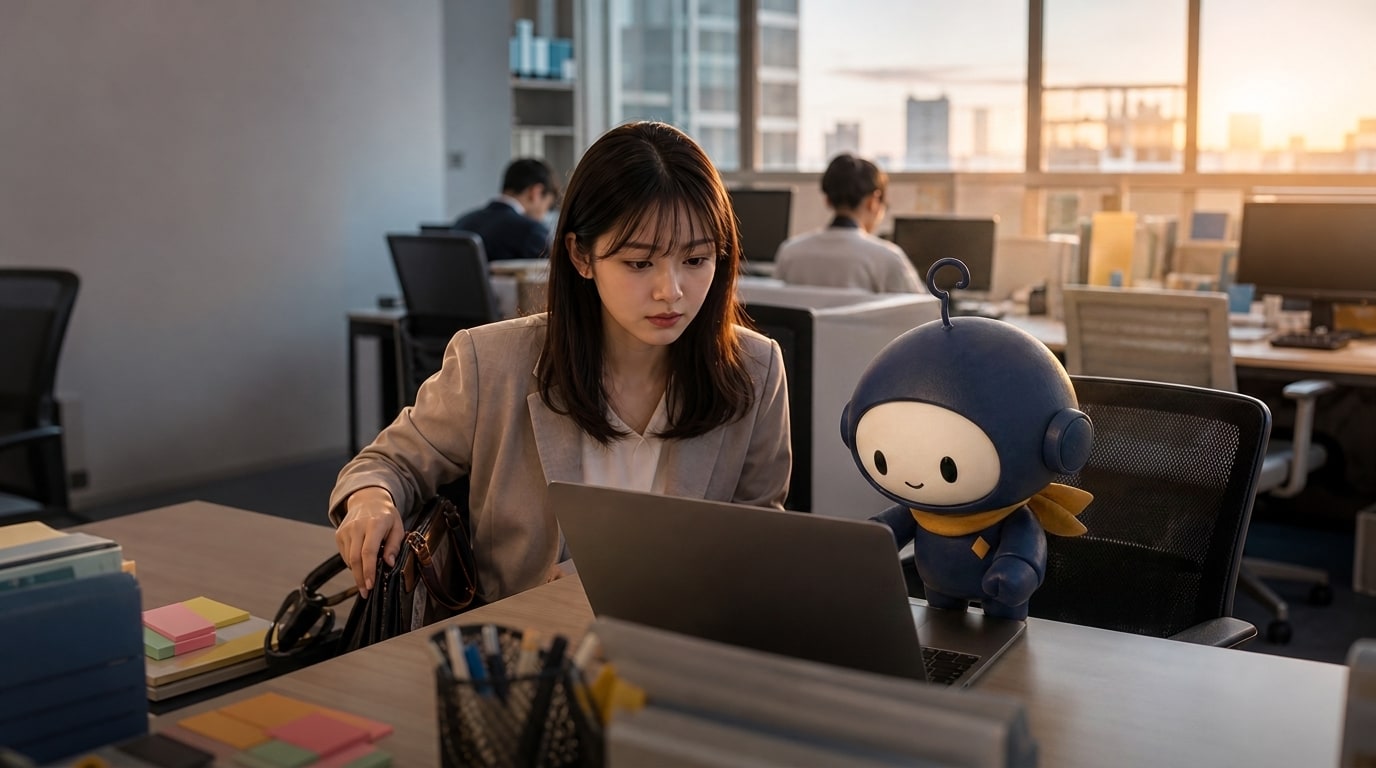 夕方のオフィスで社員の仕事に寄り添う3Dのアイプロくん