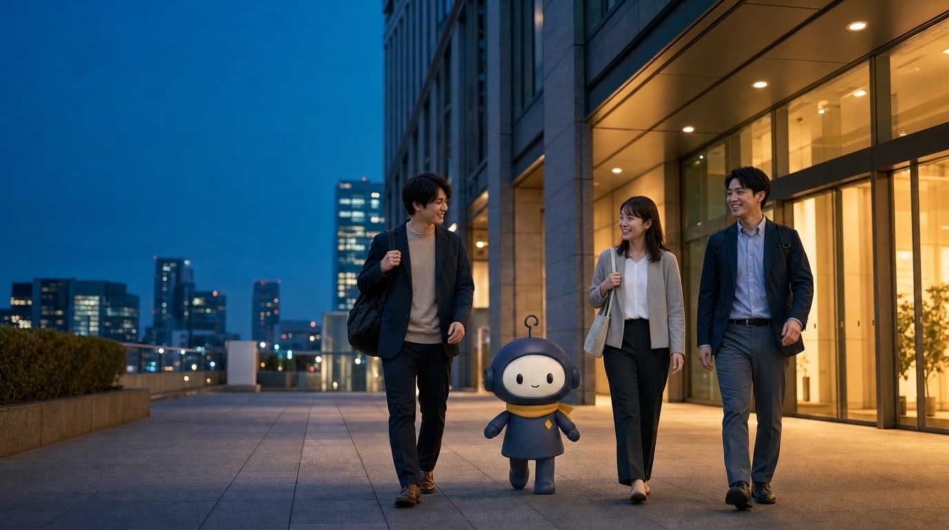 夜のオフィス街を社員と一緒に歩く3Dのアイプロくん
