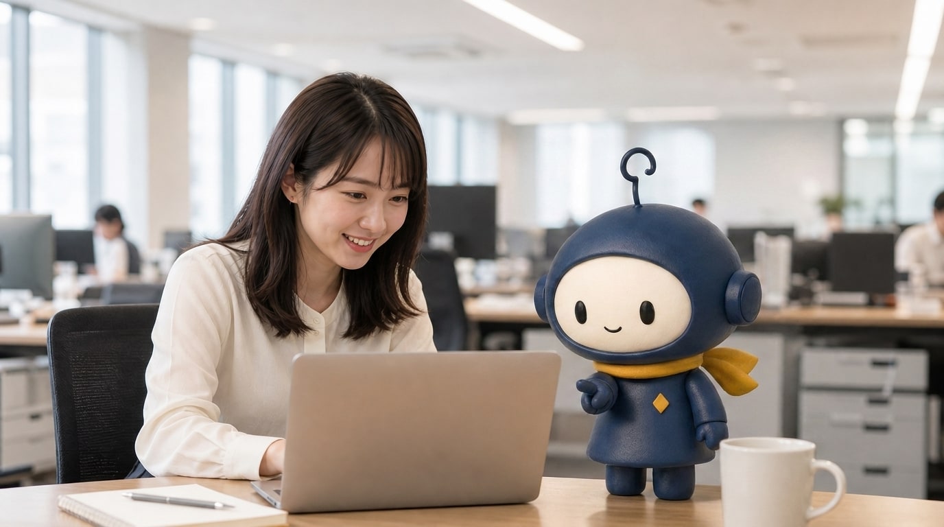 社員の隣でノートパソコンの画面を指し示す3Dのアイプロくん
