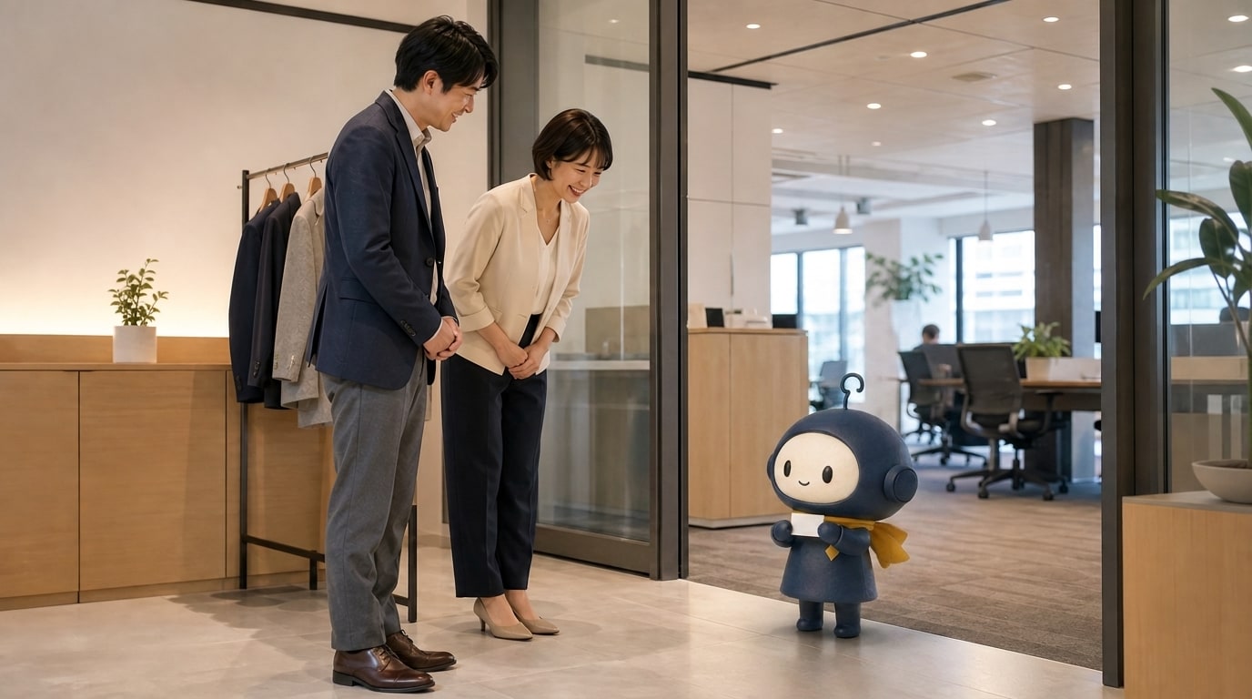 オフィスに初出社し、社員にあいさつする3Dのアイプロくん