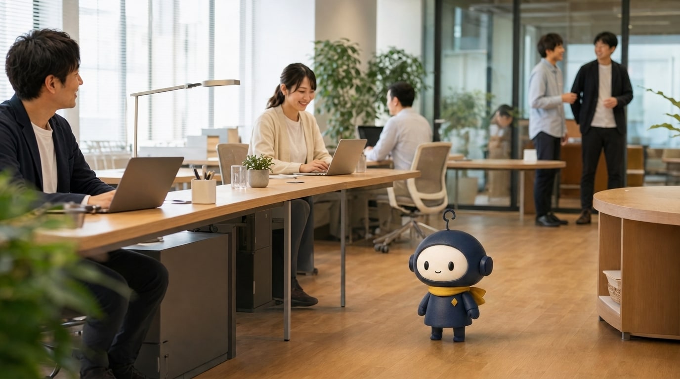 明るいオフィスで社員と一緒に働く3Dのアイプロくん