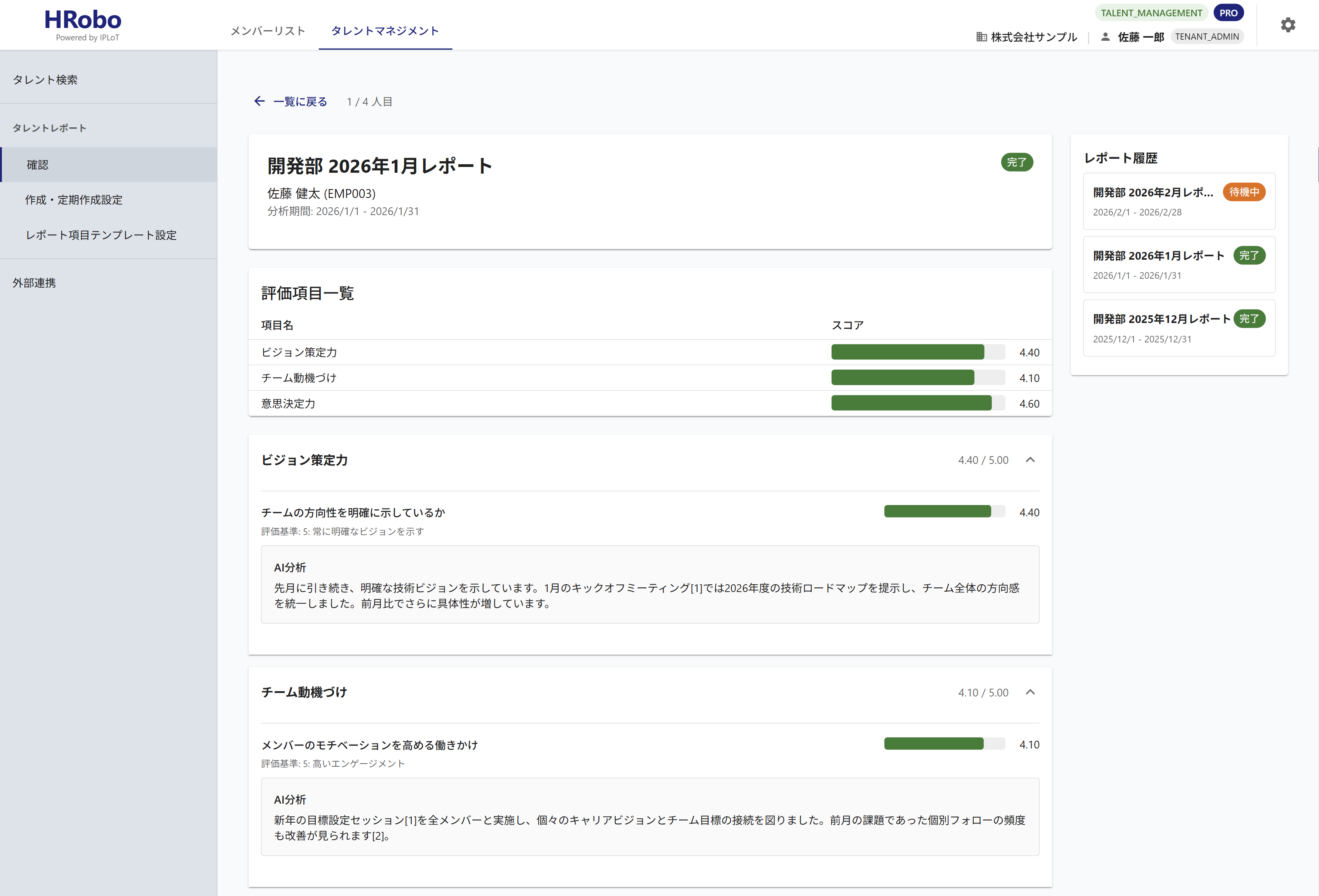 タレントレポート画面